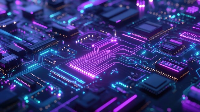 Glowing circuit board processing digital data and technology