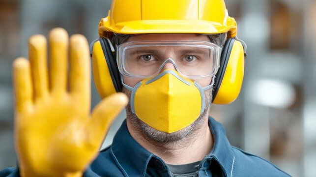 Wearing a bright yellow helmet and gloves, a construction worker signals to ensure safety at a bustling building site. The sun shines above as he prioritizes caution and communication