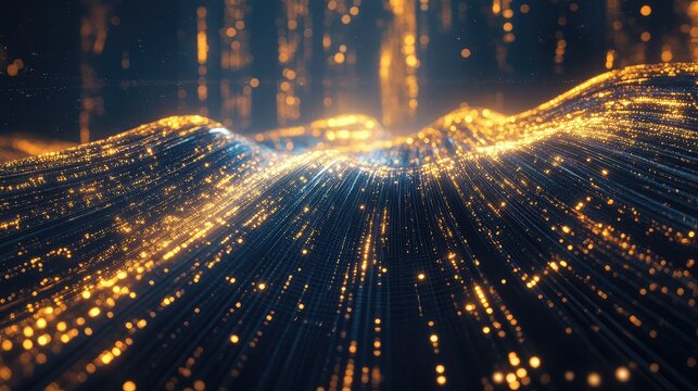 Abstract digital data waves flowing in technology grid