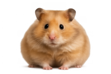 Golden hamster standing on a transparent background. Small furry pet rodent with big black eyes and pink nose