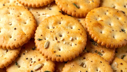 Golden baked crackers with savory herbs and seeds are piled high.