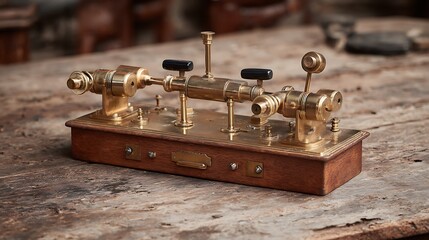 Awesome photo of vintage brass scientific instrument on a wooden table in a laboratory.