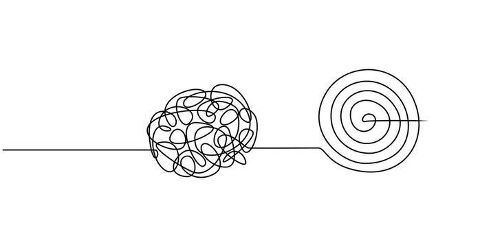 Chaos and mess circle continuous line drawn animation. Psychotherapy linear concept video. Animated problem solution symbol. Open book with chaos and mess circle continuous one line drawn animation