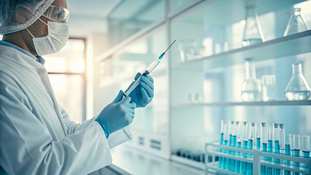 Scientist in protective gear holding a syringe in a laboratory