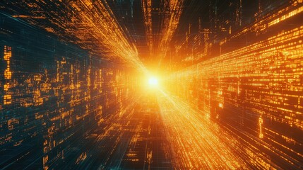Digital data stream flowing through a futuristic network tunnel