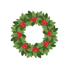 Adobe Illustrator Artwork. Flat wreath with green leaves and red berries on a white background. Vector Illustration.