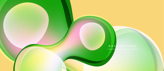 Abstract fluid shapes, green, yellow hues. Smooth gradients create dynamic composition. Modern design element for backgrounds.