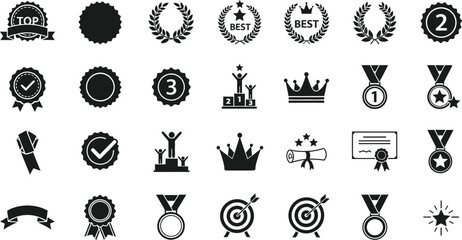 Collection of black and white award icons representing achievement success and recognition in a grid layout