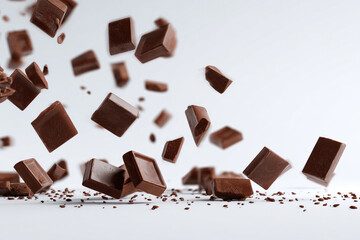 Delicious chocolate chunks fall and scatter on a bright white surface a sweet and tempting treat for any dessert lover