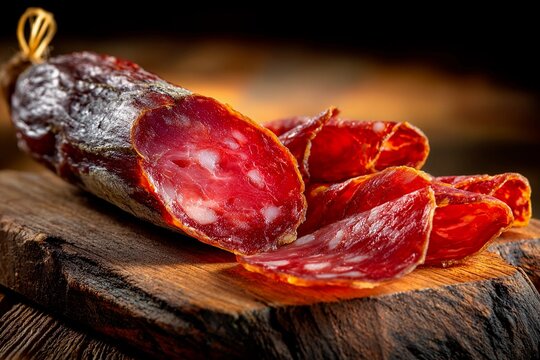 Cured meat is artfully arranged on a wooden board. The rich colors and textures highlight the craftsmanship. The warm lighting enhances the appetizing look of the meat
