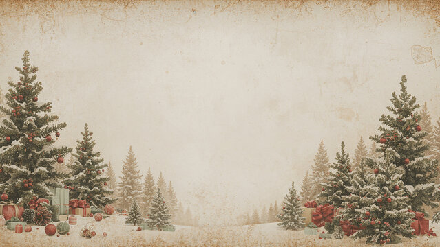 Vintage Christmas background featuring snow-covered pine trees, red ornaments, and wrapped gifts, set against an aged paper texture with ample copy space for festive greetings.
