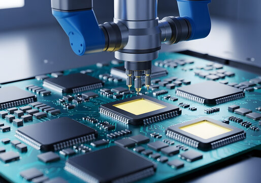 Robotic arm assembling microchip on circuit board in factory environment