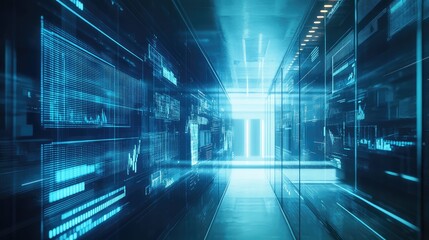 Data center corridor displaying flowing digital information and data analytics