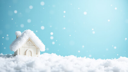 white snow-covered snowfall house blue background
