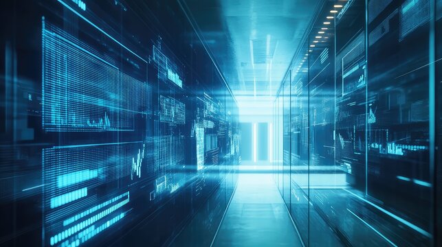 Data center corridor displaying flowing digital information and data analytics
