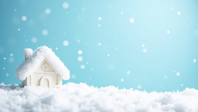 white snow-covered snowfall house blue background