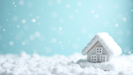 white snow-covered snowfall house blue background