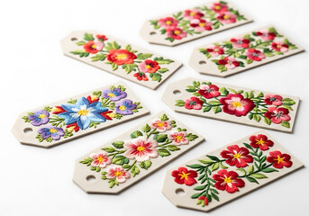 A collection of six decorative gift tags featuring colorful floral embroidery, isolated on a white background