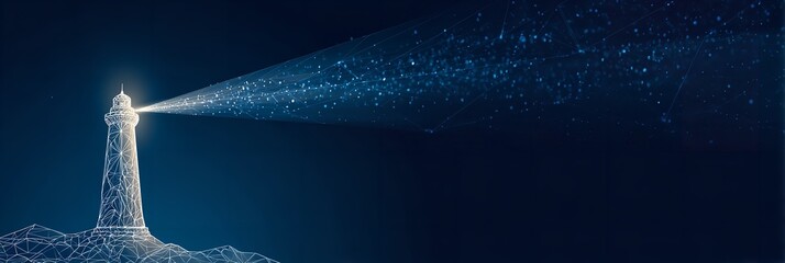 Digital lighthouse emitting light beams against a dark blue background symbolizing guidance technology and innovation in the modern era