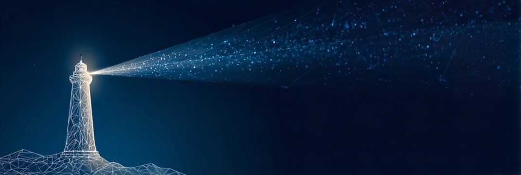 Digital lighthouse emitting light beams against a dark blue background symbolizing guidance technology and innovation in the modern era