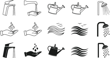 Collection of hand drawn water icons including faucets showers watering cans and hands with flowing water