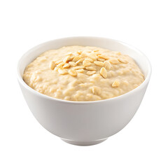Creamy bowl of oatmeal topped with raw oats on a white background for healthy breakfast or snack ideas Transparent background or png