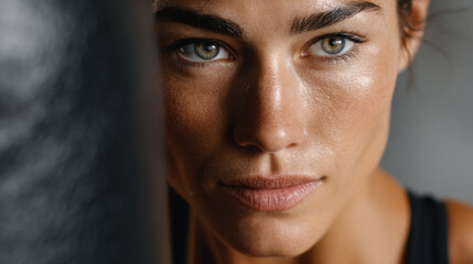 Fototapeta premium Focused woman stares intently while training with boxing bag, showcasing determination and strength