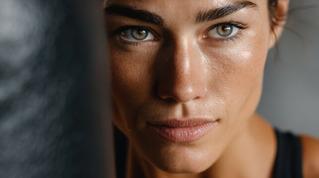 Focused woman stares intently while training with boxing bag, showcasing determination and strength - Powered by Adobe