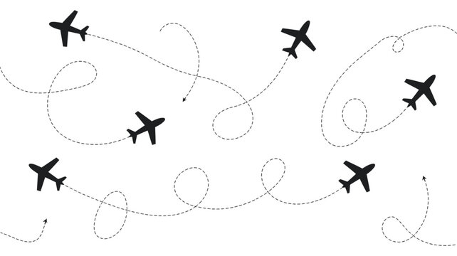Multiple black airplane icons flying along dashed travel routes, illustrating global aviation, air transport, movement, and navigation concepts