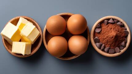 Ingredients for baking including butter, eggs, cocoa powder, and chocolate chips arranged in wooden bowls on gray surface