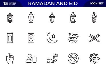 Ramadan and Eid Line Icon Set. Religious Symbols, Islamic, Worship, and Traditions. Thin outline icons pack. Vector illustration