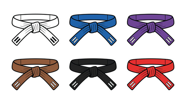 Martial arts ranking belts vector illustration displaying white, blue, purple, brown, black, and red for skill, discipline, and achievement.