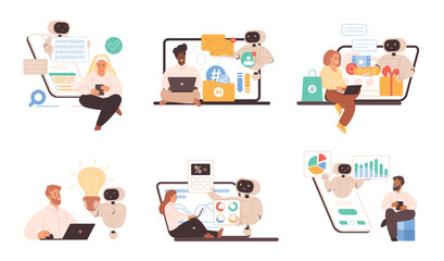 AI-powered bots collaborate with people in programming, analytics, research, writing, and creative tasks, enhancing productivity and teamwork in digital workspaces vector illustration