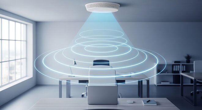 Conceptual image of a wireless access point broadcasting a signal in a modern office.
