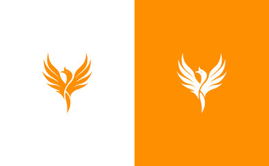 Abstract phoenix bird logo design in orange on white and orange backgrounds