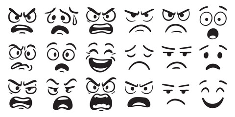 Various cartoon face expressions including happy, sad, angry, and surprised emotions, ideal for mood, emoji, or character design concepts, isolated on white background vector illustration © lembergvector