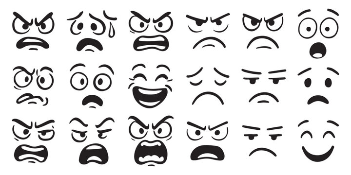 Various cartoon face expressions including happy, sad, angry, and surprised emotions, ideal for mood, emoji, or character design concepts, isolated on white background vector illustration