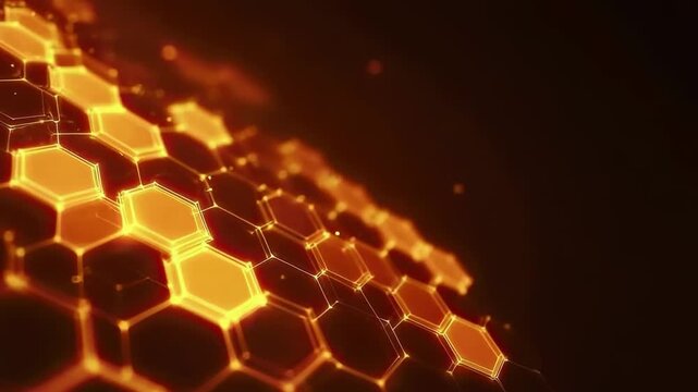 A luminous golden-orange hexagonal grid structure recedes into a dark background with a shallow depth of field suggesting a technological or molecular network