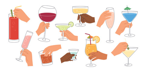Various hands holding different alcoholic drinks, including cocktails, wine, and champagne, celebrating together in a festive party scene isolated on white background vector illustration
