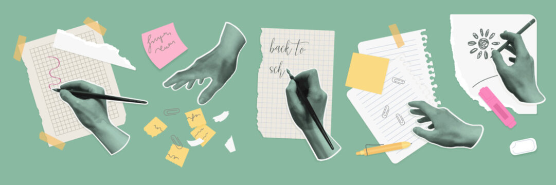 Creative realistic hands drawing, writing, and sketching on various paper sheets with stationery, sticky notes, and office supplies, ideal for education and creativity themes vector illustration