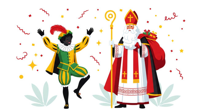 Sinterklaas greeting card. Festive day in Netherlands, Belgium. Saint Nicholas and Zwarte Piet on Dutch city. Holland holiday Celebration concept for children european party in day five december