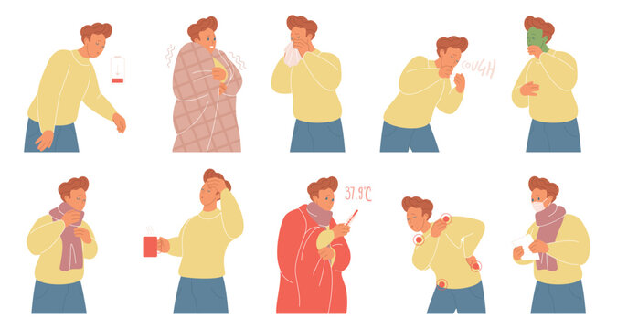 Sick man showing cold and flu symptoms like coughing, sneezing, fever, headache, sore throat, tiredness, and chills, isolated on white background vector illustration