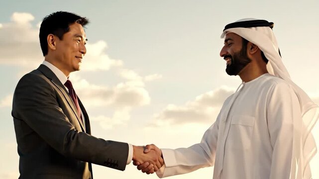 Global Handshake Asian and Arab businessmen deal at sunset.