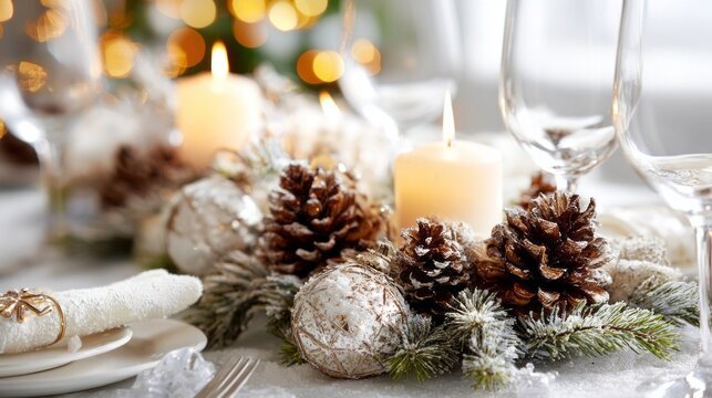 A beautifully set Christmas dinner table features glowing candles, pinecones, and sparkling ornaments, creating a cozy atmosphere for family gatherings and festive celebrations