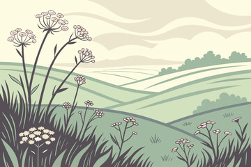 Fototapeta premium Bright spring meadow with stylized flower clusters, layered rolling hills, dreamy sky blur effect