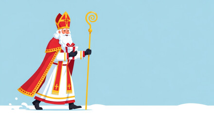 Obraz premium Sinterklaas with gift box, Dutch Saint Nicholas day in Netherlands. Greeting card for holland holiday. Celebration concept for children european party in Saint Nicolas day five december.