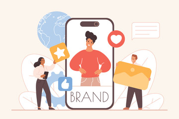 Modern digital branding concept showing people building personal brand presence online with social media icons, smartphone, and global communication elements vector illustration