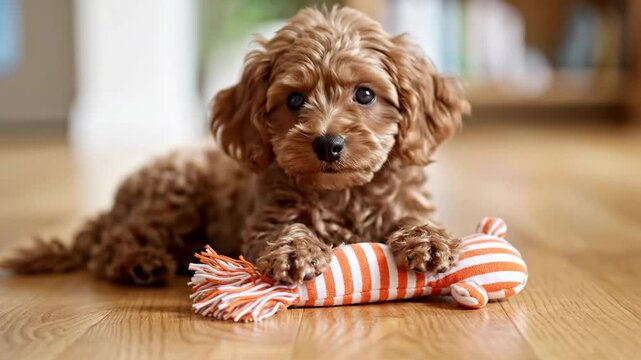 Playful Puppy Cavapoo puppy with toy indoors Cuteness overload.