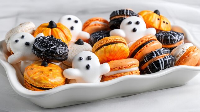 Colorful macarons shaped like ghosts and pumpkins make a perfect treat for Halloween celebrations, inviting guests to enjoy a sweet, festive experience enjoyed at any gathering