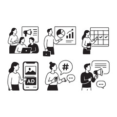Set of people vector illustrations in various activities of business marketing, strategy, planning, digital advertising, social media and communication
